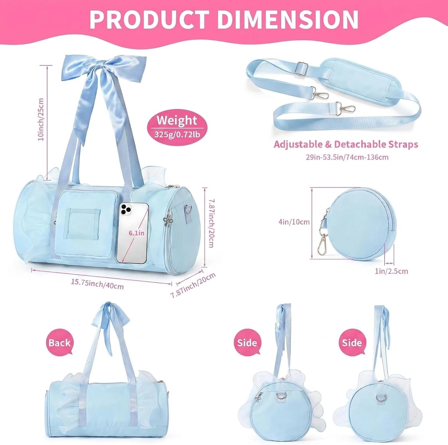 Dance Bag for Girls 4-8, Ballet Gymnastics Duffle Bag w/Coin Purse Shoe Compartment Bow Handle Zipper Toddler Cheer Bags Waterproof Adjustable Straps Sport Bag Cute Travel Bag Gifts for Teens Girl