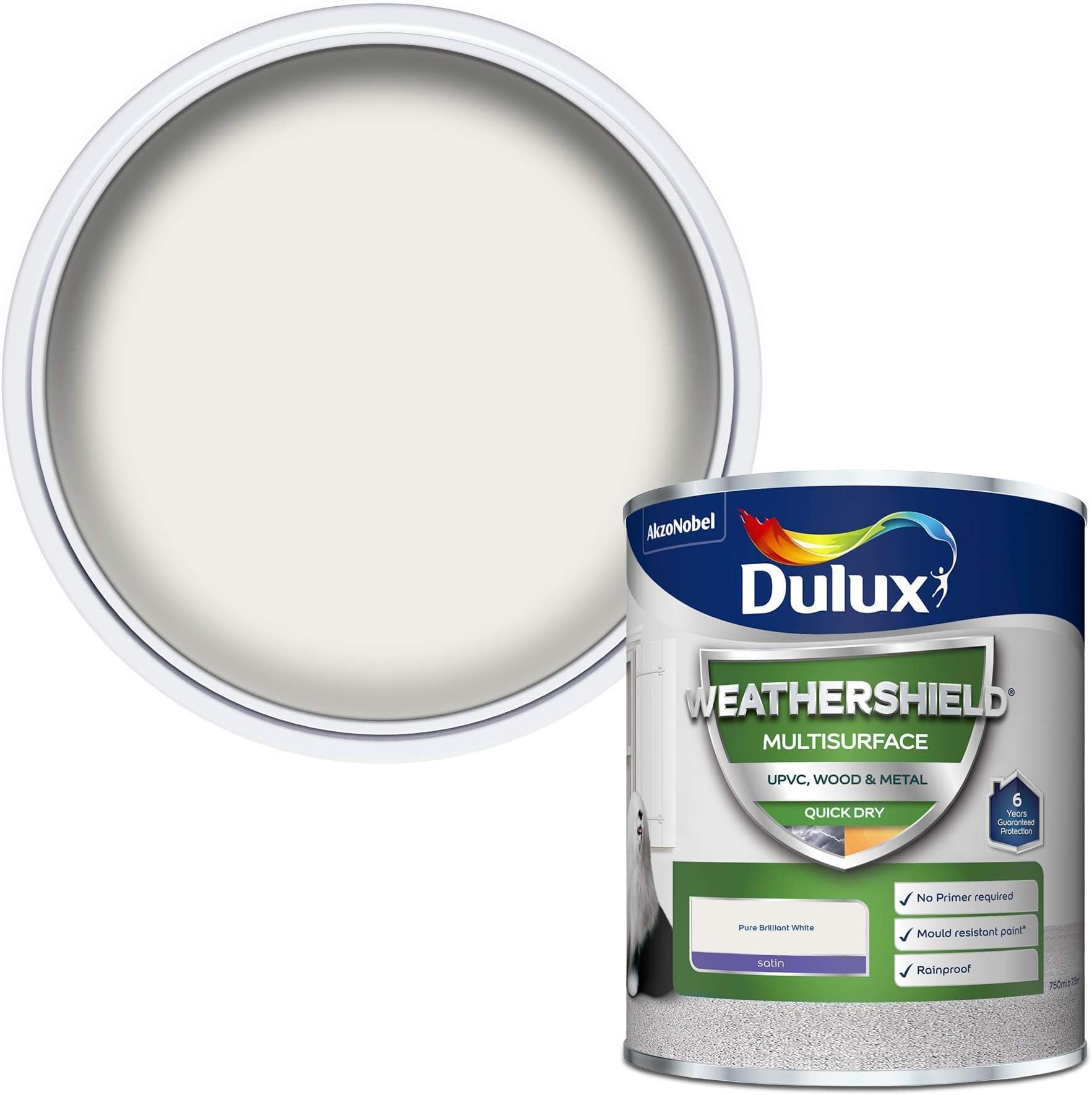 Dulux Weather Shield Multi-Surface Quick Dry Satin Paint, 750 ml - Pure Brilliant White