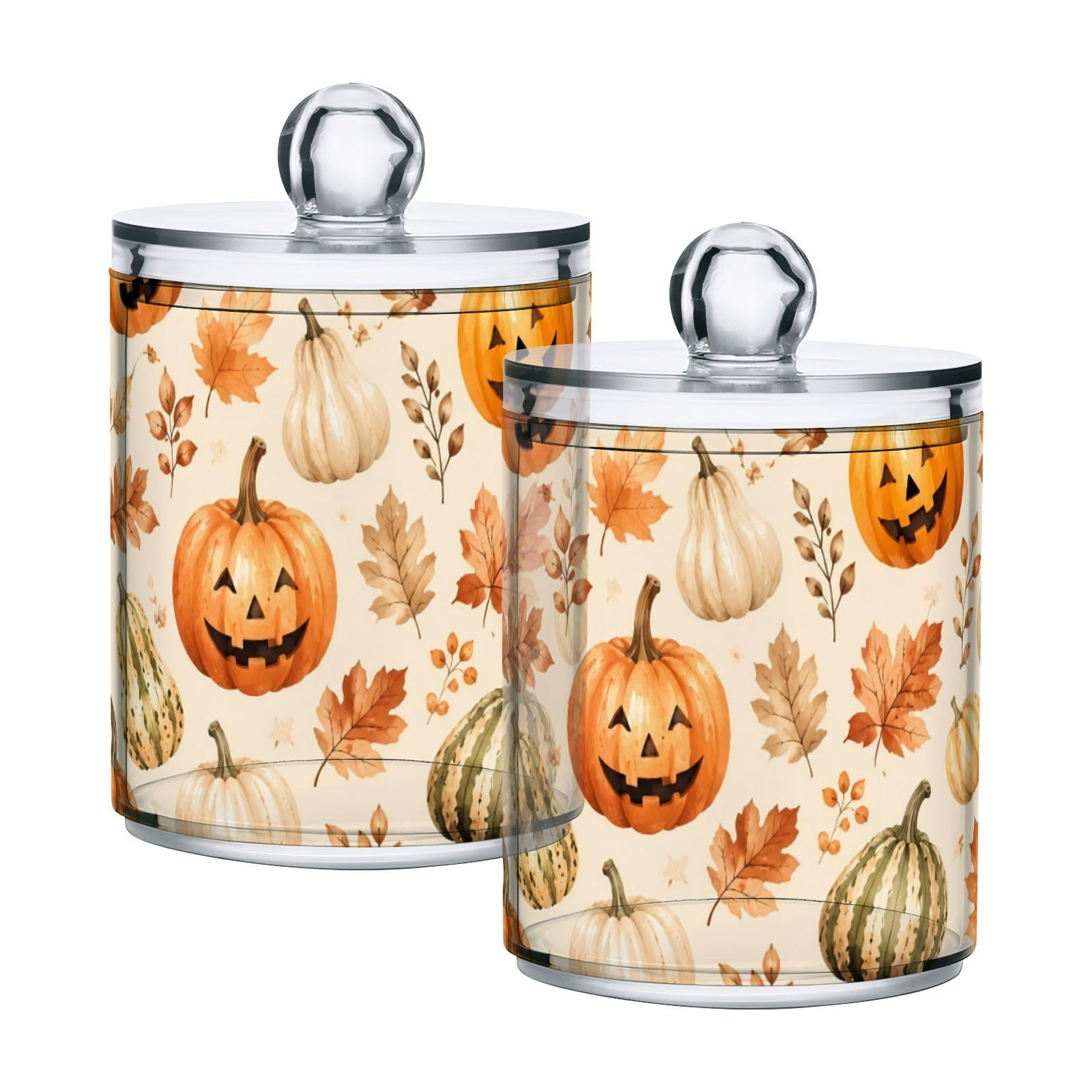 Lyeorm Autumn Pumpkin Apothecary Jars with Lid 2 Pack Qtip Holder Dispenser Bathroom Storage Organizer Clear Plastic Canister Jar for Cotton Ball, Cotton Swab