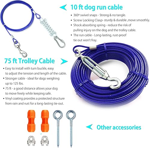 Miniatura 2 de Sistema patentado de amarre para perros resistentes con cremallera para perros pequeños a grandes, cable aéreo de 75 pies con cable de 10 pies y 2