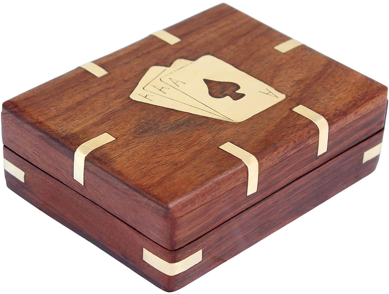 Caja de almacenamiento hecha a mano de madera con diseño de latón – Organizador de caja de cartas de juego