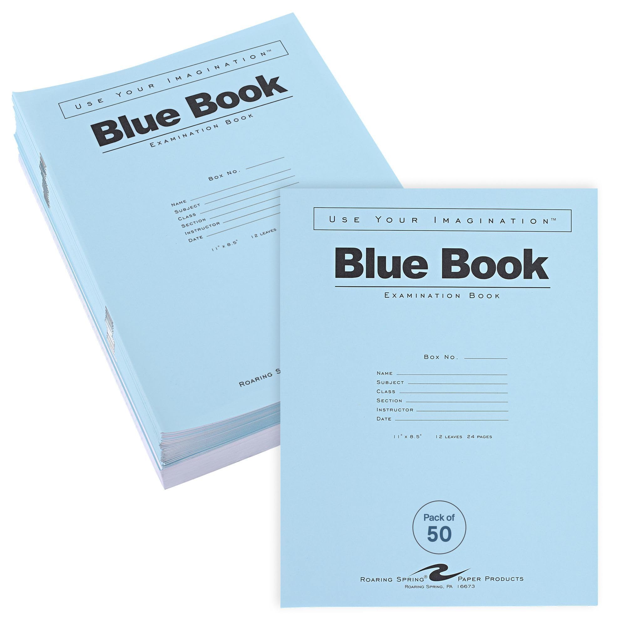 Cahier d'examen bleu ligné Roaring Spring grand format 24 pages pour école et université lot de 50