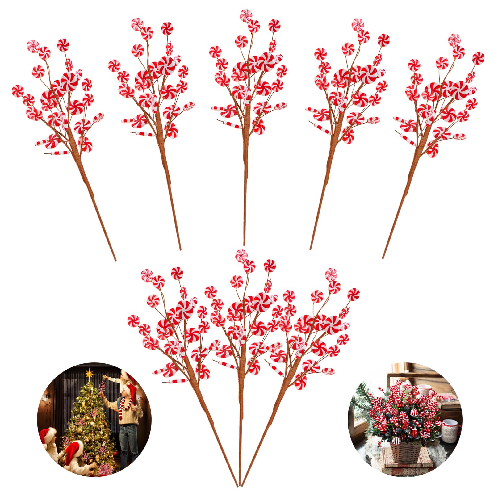 Candy Christmas Tree Decorations Red and White Candy Christmas Picks Xmas Lollipop Branches Ornaments for Vase Filler Home Decor(Pack of 8)