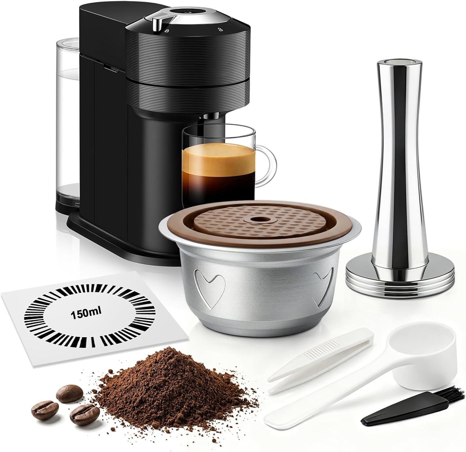 Reusable Coffee Capsules for Nes-resso Ve-tuo Pop/Next, Stainless Steel Refillable Pods with Food Grade Silicone Lids and 41mm Tamper (150mL)
