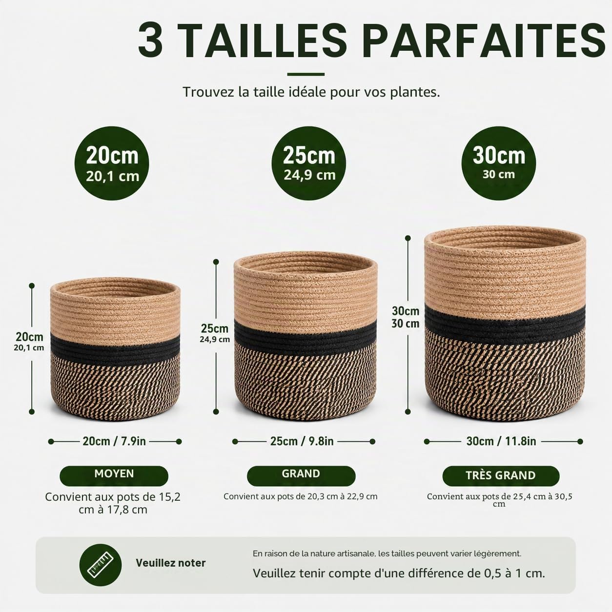 Pot de Fleurs de avec Doublure, Panier à Plantes d'intérieur en Tissu pour Pots à Fleurs de 23cm Corde de Coton Jute Pot à Plantes Décoration de la Maison