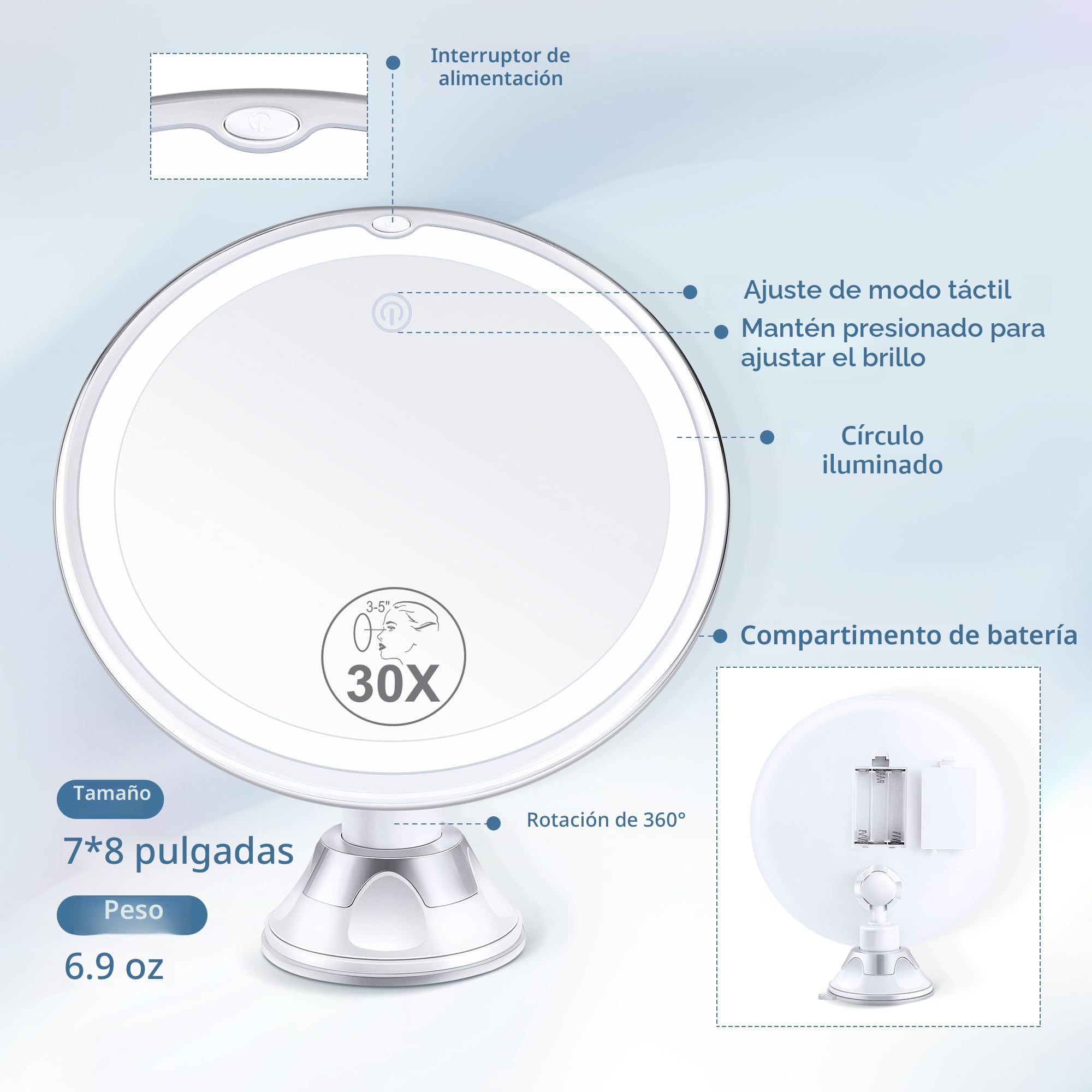 MIYADIVA Espejo de Aumento con Luz 30X, Espejo de Maquillaje de Aumento 30X para Maquillaje de Precisión, 3 Modos de Colores y Brillo Ajustable, Espejo para Baño 8 Pulgadas
