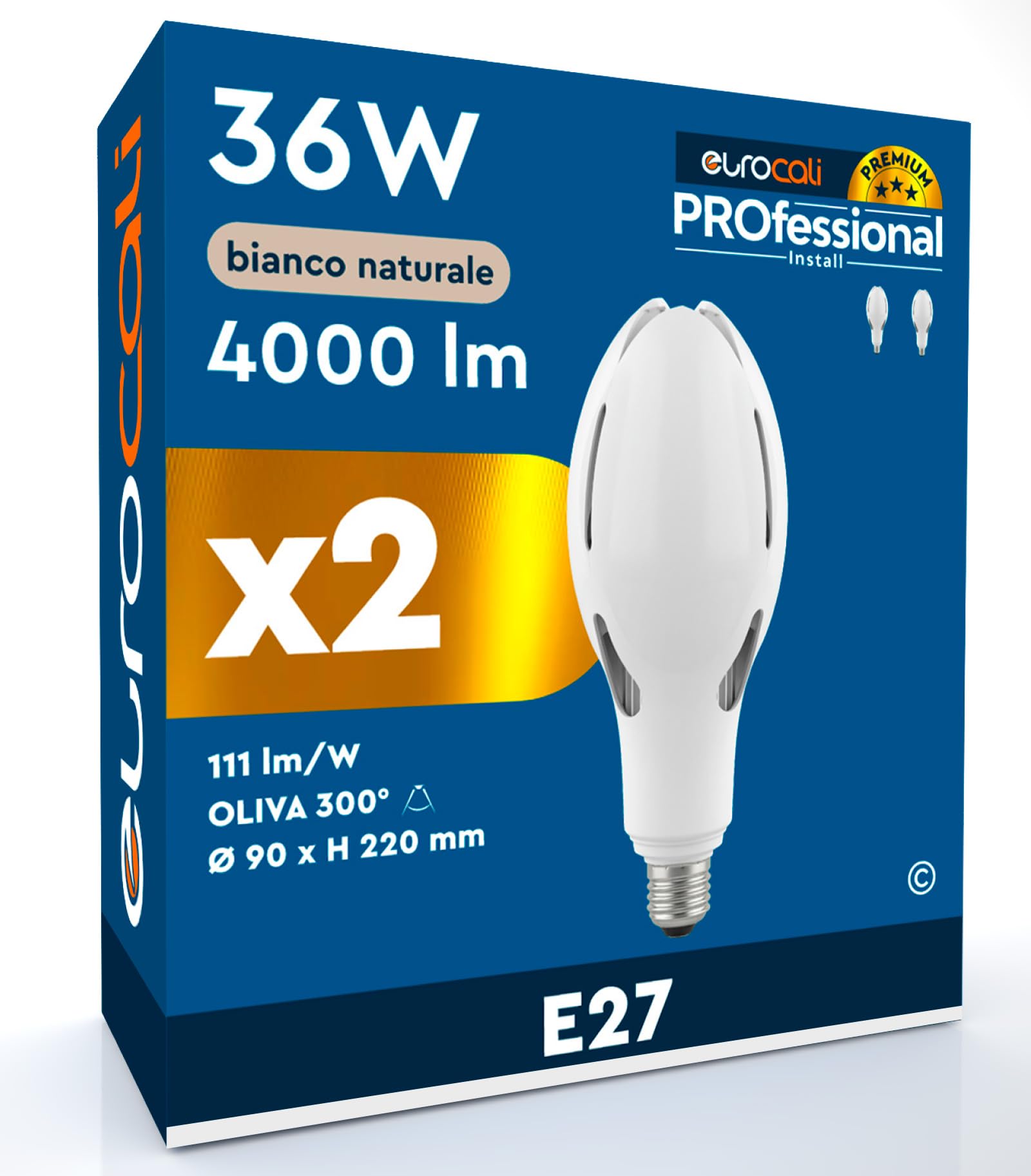 2 Lampadine LED Industriali E27 22W Oliva Ø90mm Chip CREE SMD 4000 Lumen Garanzia 3 Anni - Luce Naturale 4000K - Lampade Lowbay da Interno Alta Luminosità 111 lm/W Non Dimmerabili in Plastica Opaca