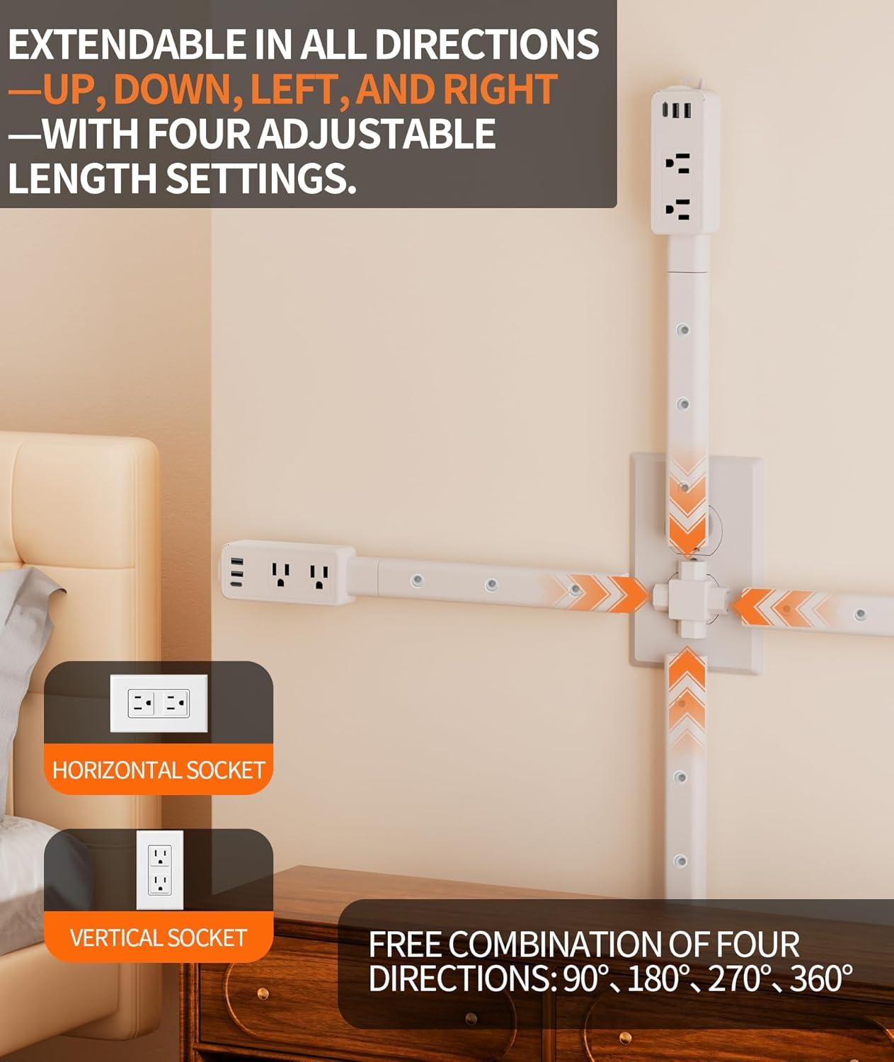 Electrical Outlet Extender Stick Features 2 USB-A, USB-C and 2 AC Outlets, Extendable 6", 15.3", 24.5", 34", for Hard to Reach Spaces Use Behind Couches, Nightstands, E-Sports Desks, and More