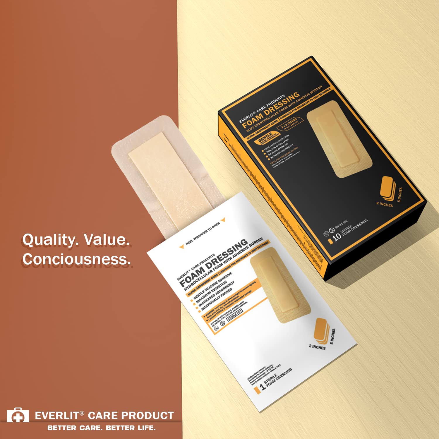 EVERLIT Care Silicone Foam Dressing with Adhesive Border | Highly Absorbent Hypoallergenic Bandages for Chronic Wounds, Bed Sores, Pressure Ulcers | Gentle & Secure Adhesion (2" x 5" | 10 Pack) — Amazon image 6