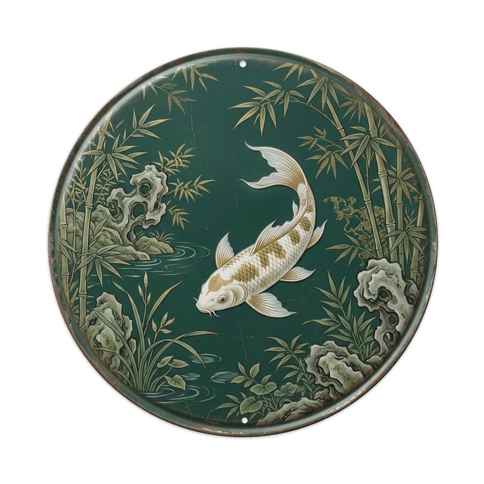 Zen Water Garden Koi Jade Bamboo Retreat Oriental Pond Metal Tin Sign Plaque Wall Decor for Cafe, Man Cave, Club Bar, Office, Home Garden Round Metal Poster 8x8Inch