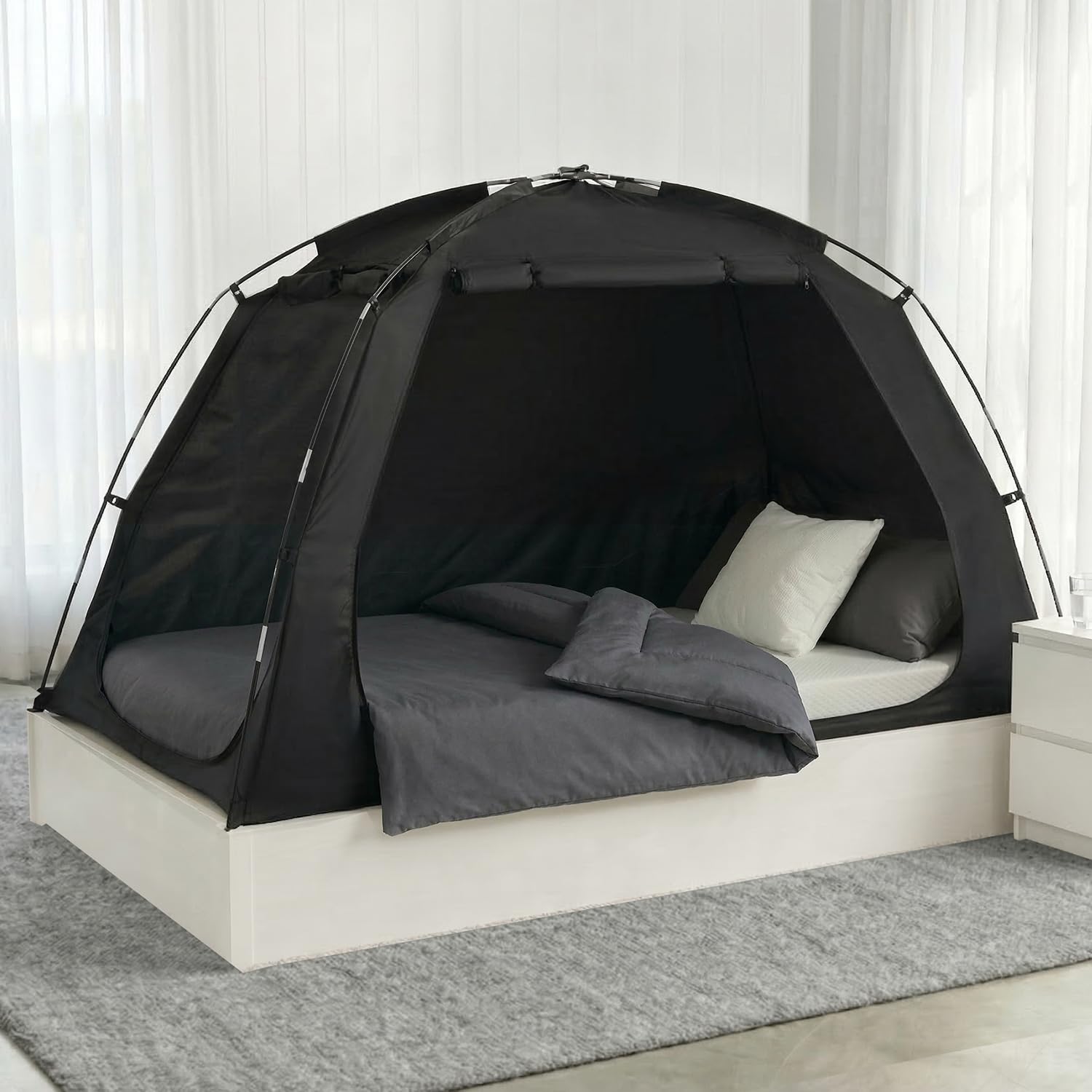 Alvantor® Bed Tent Twin Size, 93% Blackout Privacy Sleep Tent for Indoor Use, Easy to Set Up Dream Play Tent with 2 Doors, Portable Breathable Shelter for Kids and Adults, Black