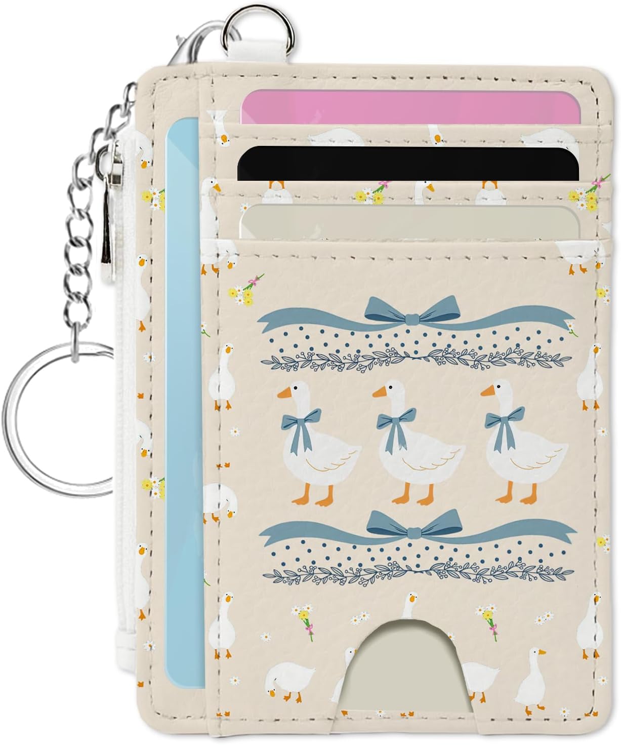 Cute Goose Gift for Women Friends, Playful Goose Theme Slim Wallet Gift with Cheerful Character, Sweet Pocket Present Idea, Slim Blocking Wallet with ID Window, Keychain with Zipper Coin Pocket