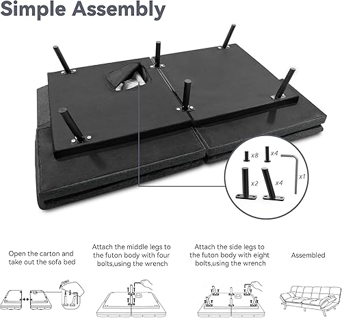 Miniatura 45 de Vyfipt Sofá cama tipo futón, sofá pequeño de espuma viscoelástica de piel sintética para sala de estar, sofá biplaza moderno con reposabrazos Negro