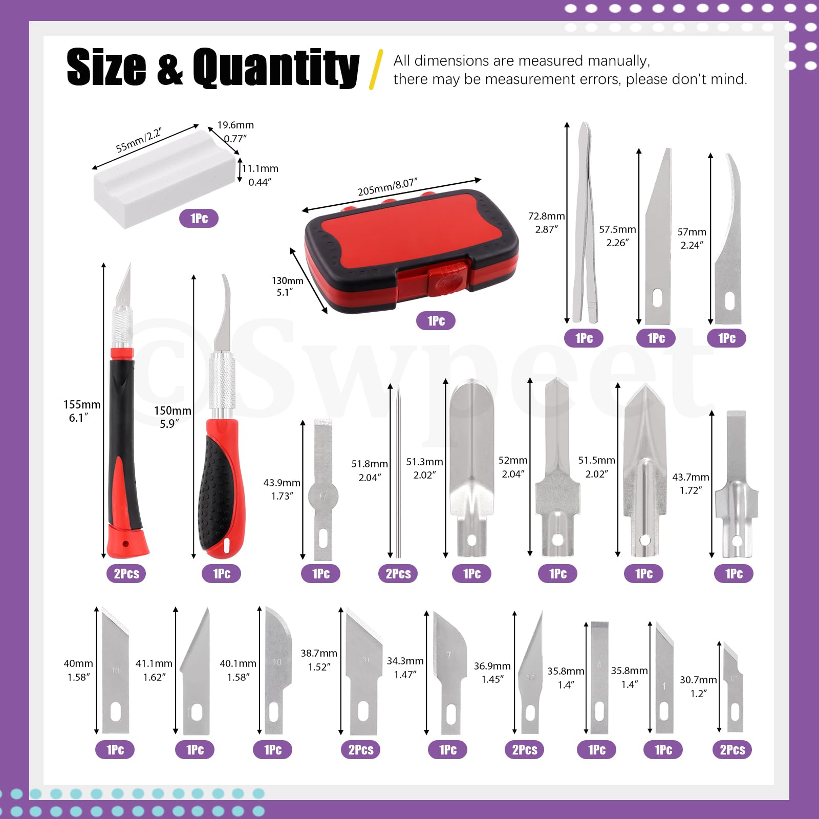 Swpeet 30Pcs Craft Knife, Rot Präzisionsschneider Hobby Messer Klingen Set enthält #1#2#4#7#10#11#12#17#19#20 Klingen, Haken/Spitzklingen, U/V Hohlmeißel, Messergriff, Nadel, Sandstein