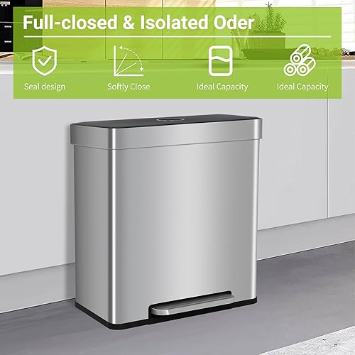 Miniatura 5 de BLKMTY Bote de basura de 16 galones para cocina, cubo de basura doble con pedal, cubo interior, cubo de basura de acero inoxidable, contenedor de