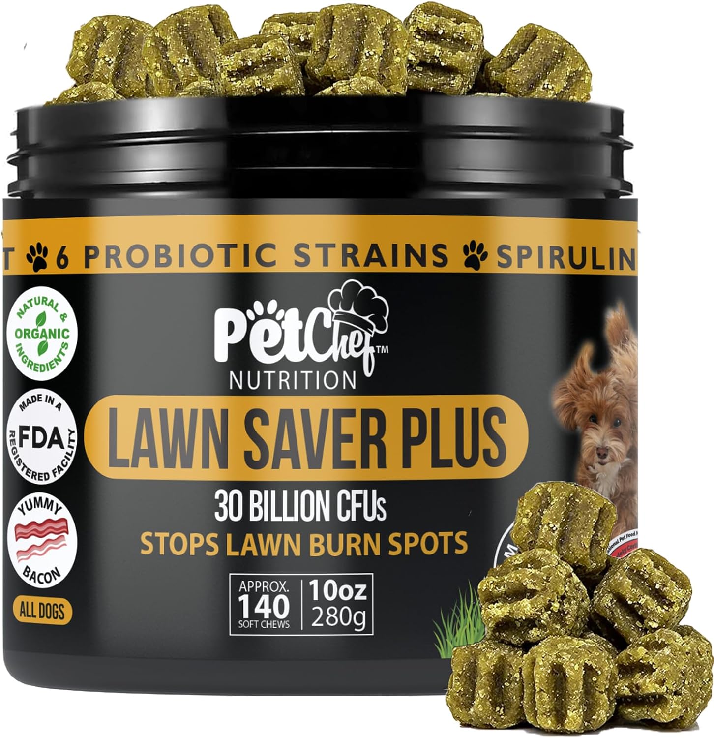Pet Chef Dog Urine Neutralizer for Lawn Grass Burn Spot Saver Soft Chews Helps Reduce Yellow Spots & Protect Yard Plant-Safe Lawn Support Supplement 140 Chews Vegan Bacon