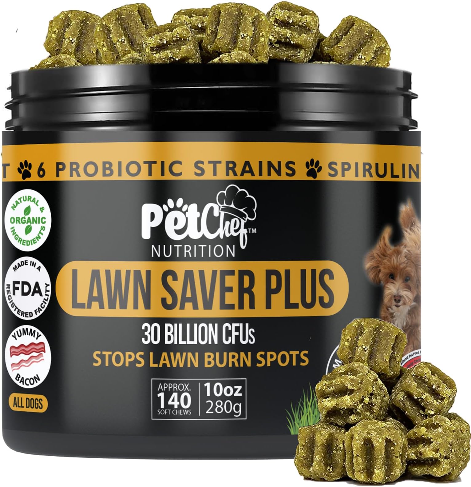 Pet Chef Dog Urine Neutralizer for Lawn Grass Burn Spot Saver Soft Chews Helps Reduce Yellow Spots & Protect Yard Plant-Safe Lawn Support Supplement 140 Chews Vegan Bacon