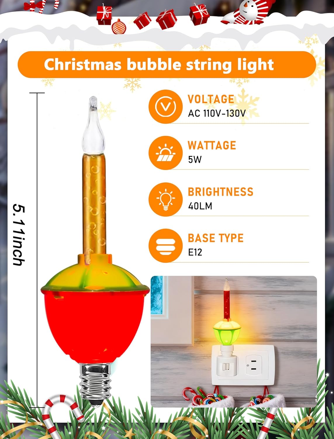 Abeja 1 Pack Multicolor Bubble Light Night Lights for Christmas Decor with 2 Vintage Bubble Light Bulbs(1 Spare) 5w Incandescent Bulb 120v Fits C7/ E12 Candelabra Base Swivel Plug-in Base