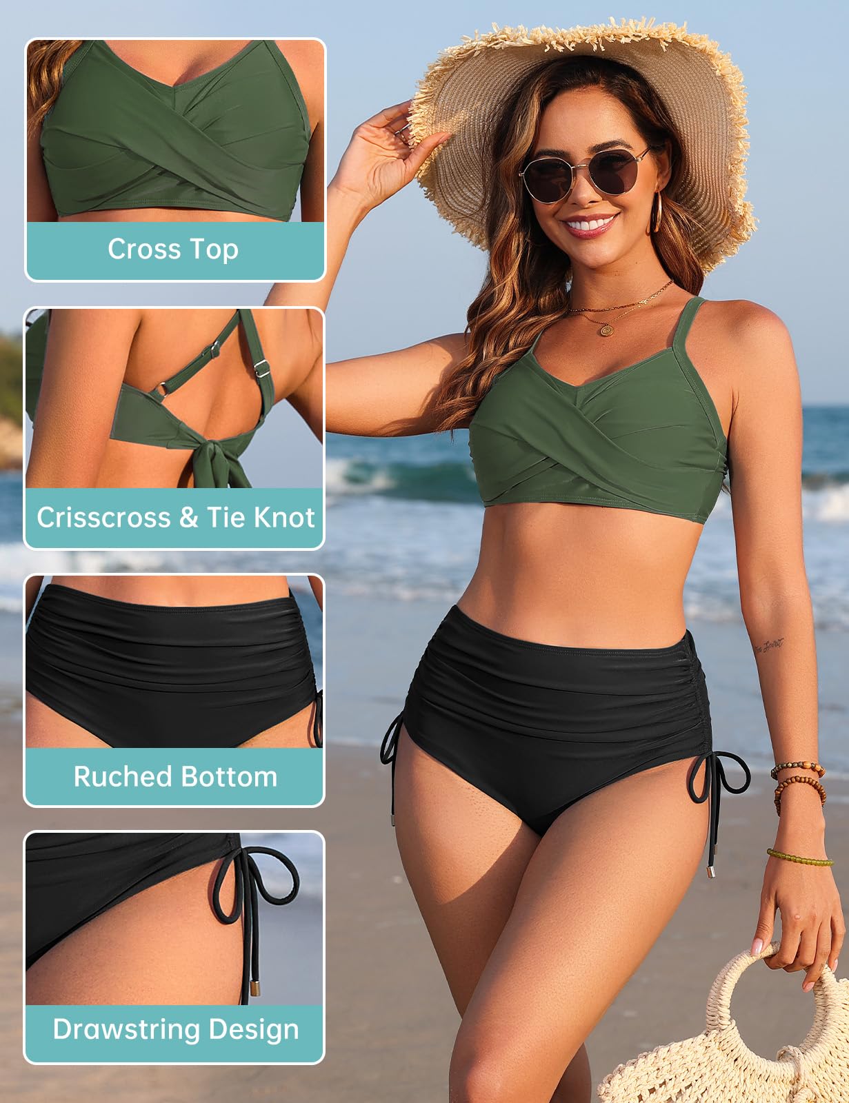 Nadeer Costume da Bagno Donna Push Up Scollo a V Imbottito Reggiseno Due Pezzi Bikini Pantaloncini da Bagno con Coulisse Laterale a Pieghe Sexy Spiaggia Beachwear Swimwear