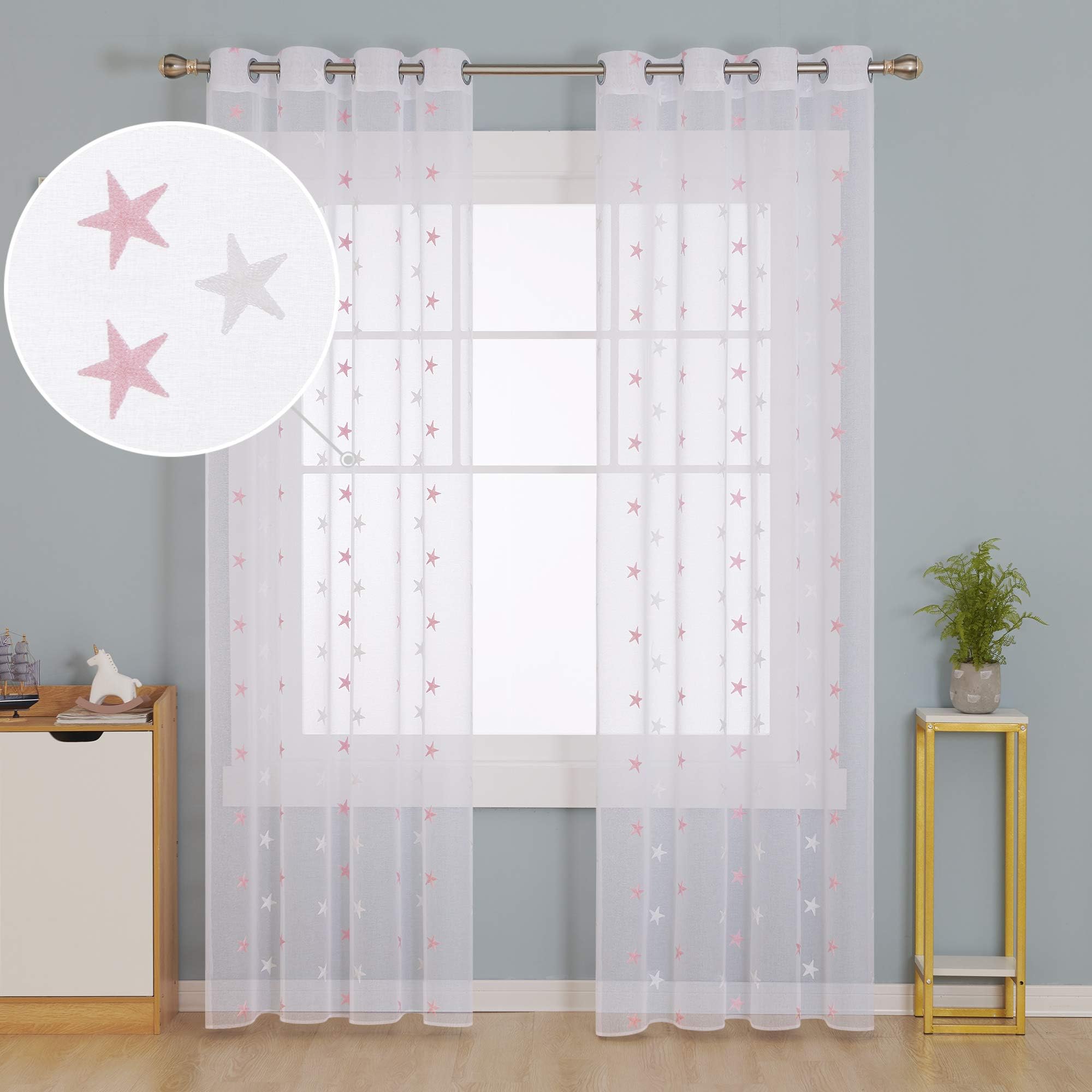 Deconovo Tende Voile Trasparenti con Occhielli per La Stanza della Ragazza Tende Moderne con Grandi Stelle Ricamate 140 X 290 CM 2 Pannelli Rosa e Bianco
