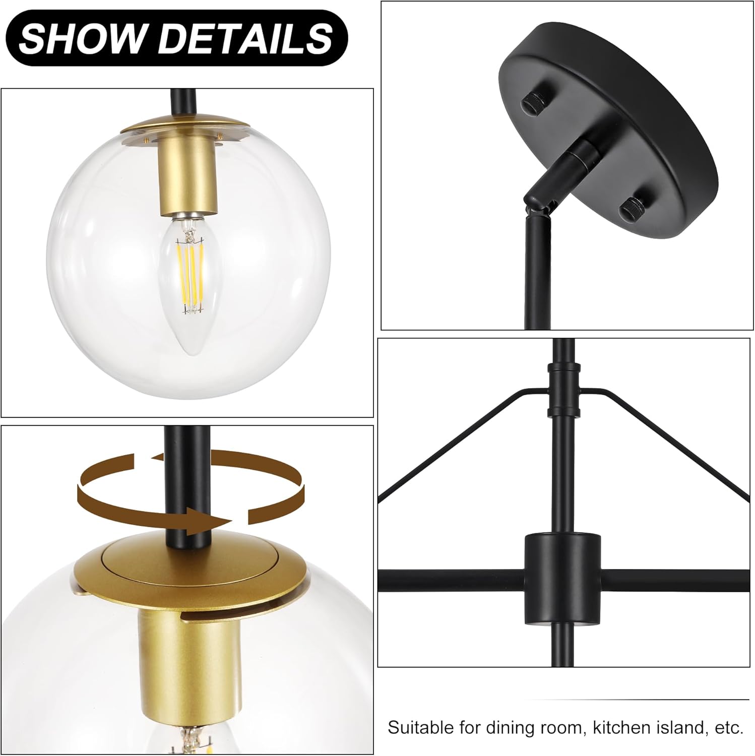 3-Light Modern Kitchen Island Lighting, Black and Gold Dining Room Chandeliers Over Table Hanging, Industrial Linear Chandelier with Clear Globe Glass Shades