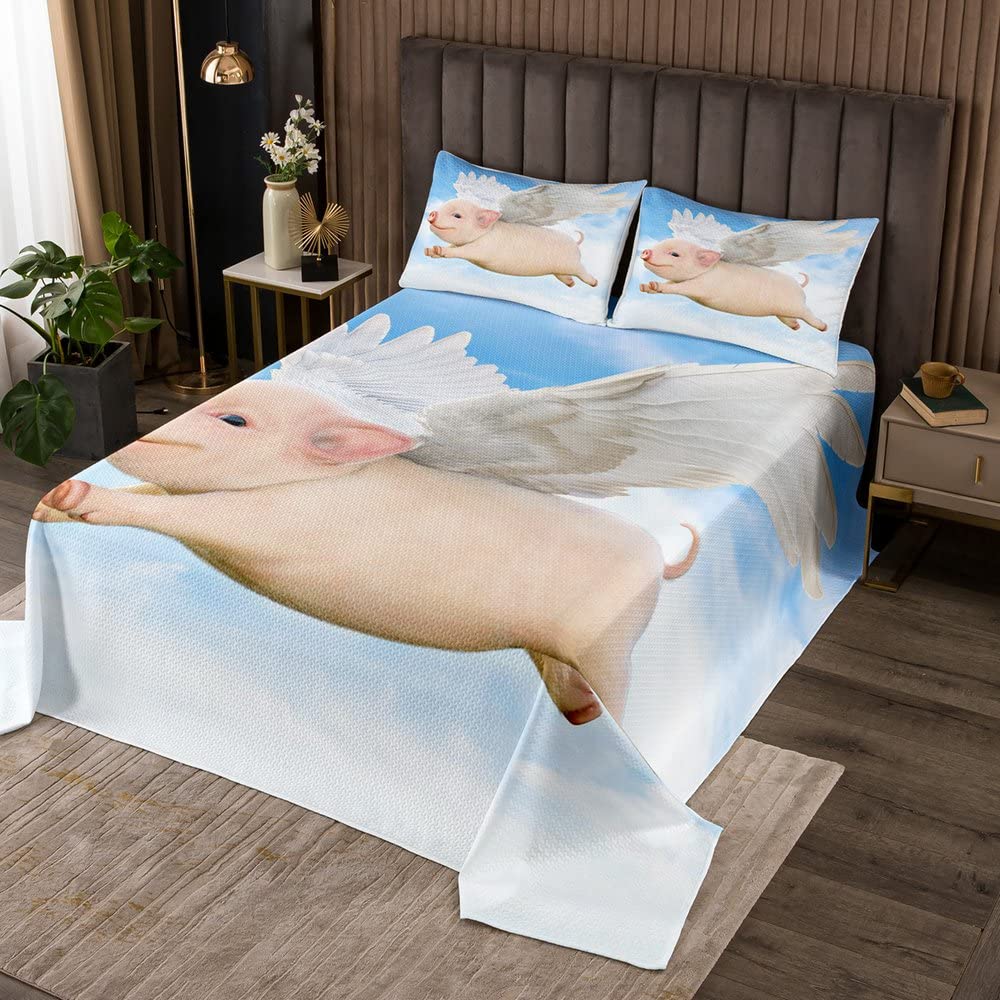 Couvre-lit matelassé motif cochon avec ailes bleu et blanc cadeau lit King