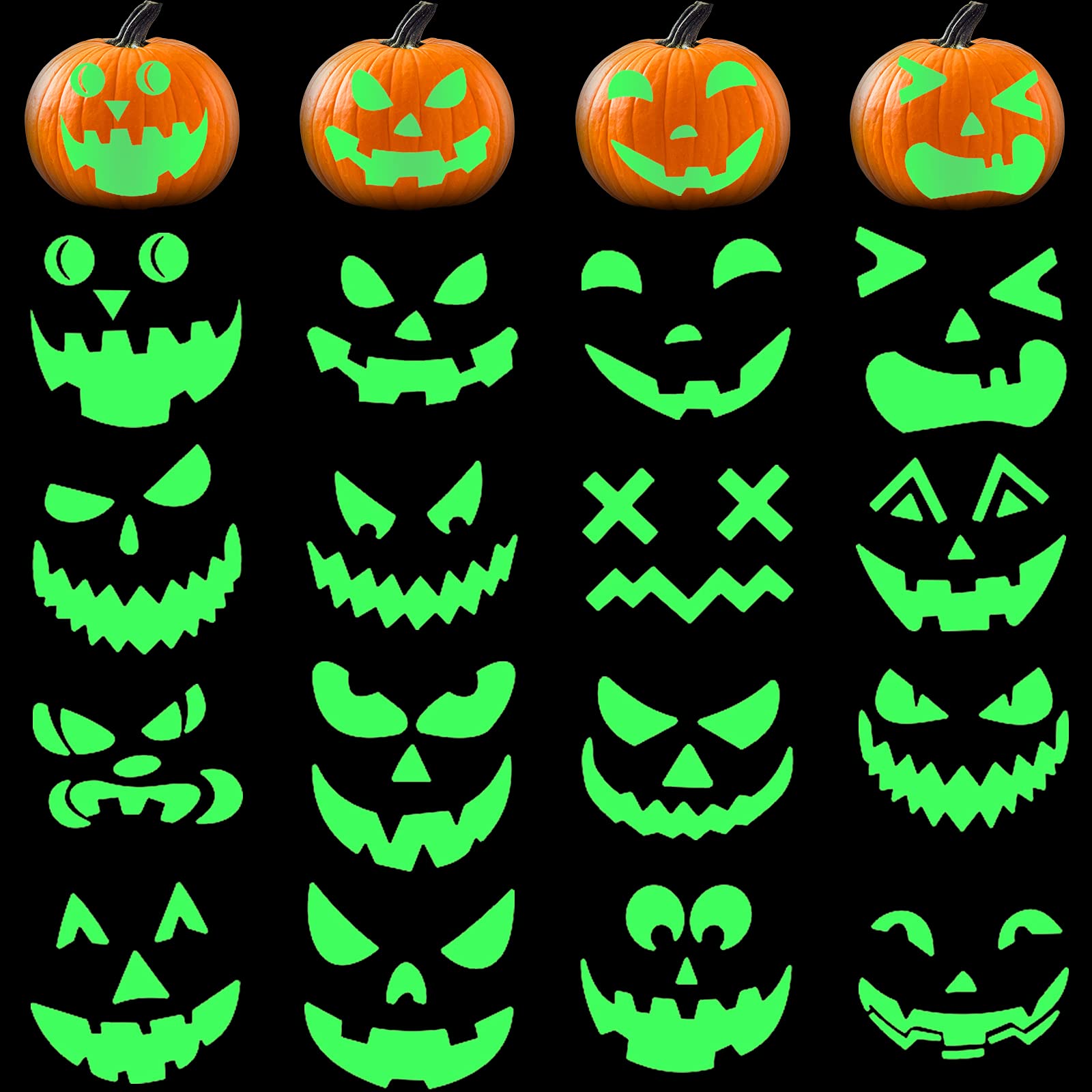 16 Pieces Halloween Luminous Pumpkin Sticker Fluorescent Green Decals Sticker Glow in The Dark Window Wall Door Stickers Decorating Craft Kits for Halloween Party Decorations Supplies