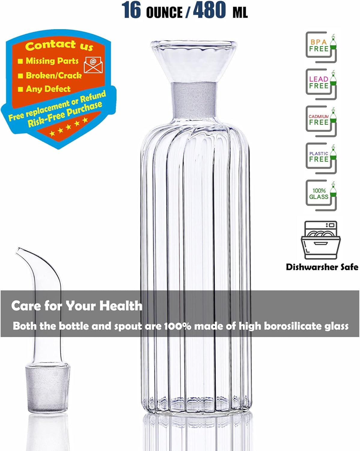 HAIZEEN 16 oz/480ml Non-Drip Olive Oil Dispenser Bottle 100% Glass Oil Carafe Decanter for Kitchen Oil & Vinegar Cruet for Cooking & BBQ - Image 2