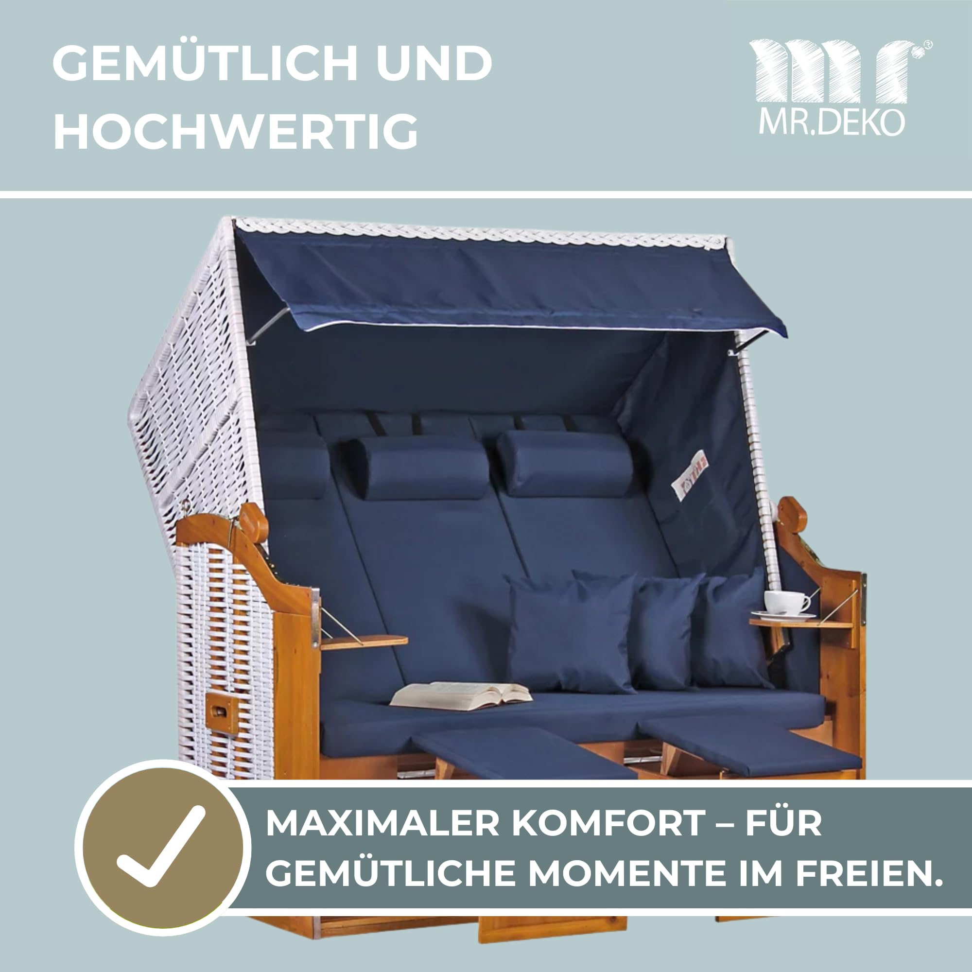 MR. DEKO® Strandkorb Ostsee XXL | Volllieger Strandstuhl Liegestuhl | Dreisitzer PE Geflecht Weiß inkl. 6 Kissen | Strandkörbe aus Hartholz, Garten, Wintergarten und Terrasse (Dessin Uni Blau)