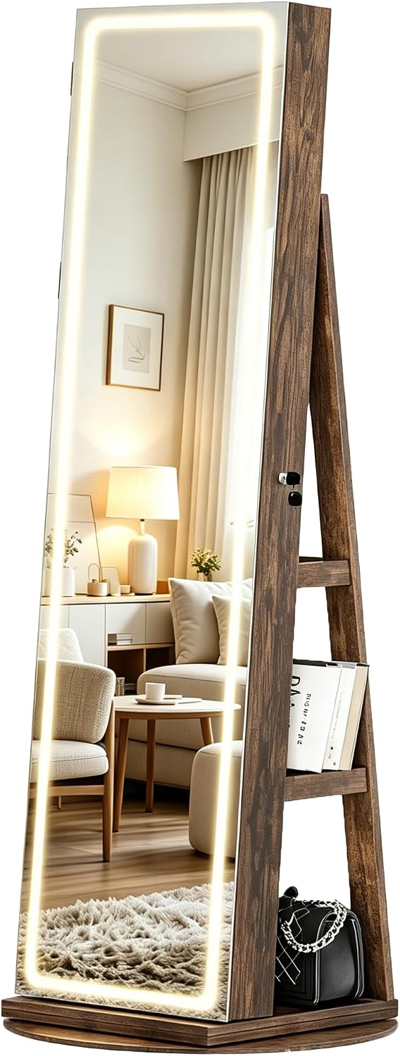 LED Mirror Jewelry Cabinet Standing, Swivel Jewelry Armoire