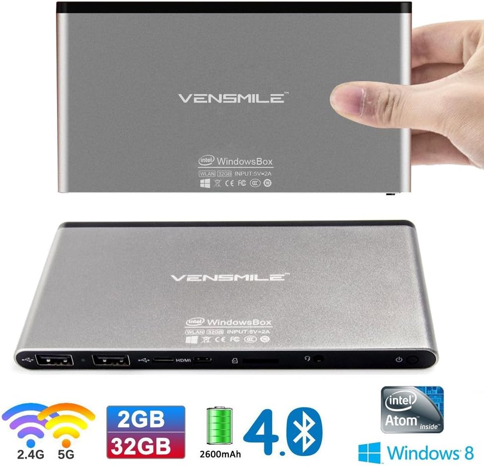 VenSun iPC002 Mini PC Windows 8.1 OS With Bing Intel Quad Core (4C/4T) SoC CPU 1.33Ghz Memory 2G RAM EMMC 32GB Storage TV Box Mini Computer,Built-in Battery 2600mA, 2.4G+5G Dual Band WiFi 802.11 a/b/g/n; Bluetooth 4.0