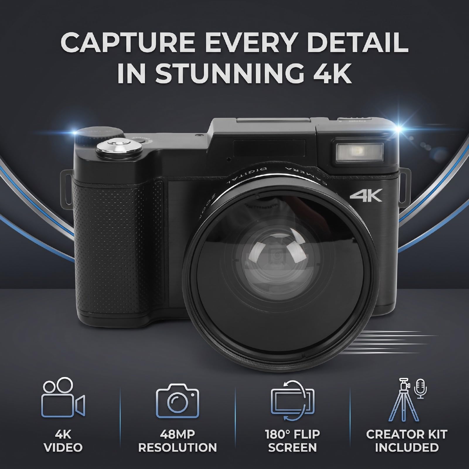 ASHATA Fotocamera digitale 4K da 48 MP con schermo ribaltabile, kit di accessori per obiettivo grandangolare con microfono remoto per treppiede per fotografia
