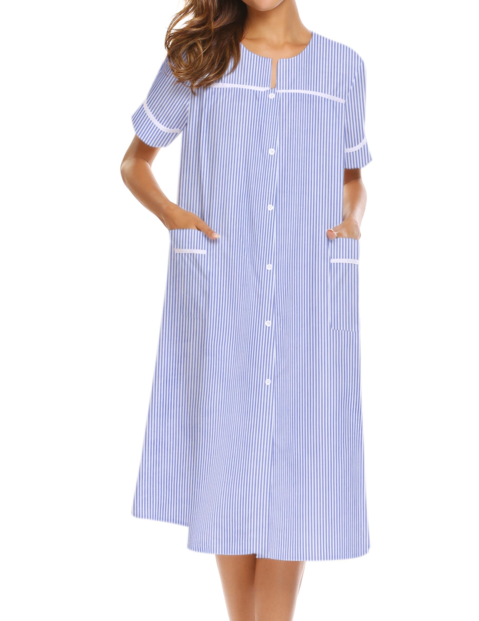 Ekouaer House Dress for Women with Pockets Button Down Duster Housecoat Short Sleeve Mumu Nightgown S-XXXL