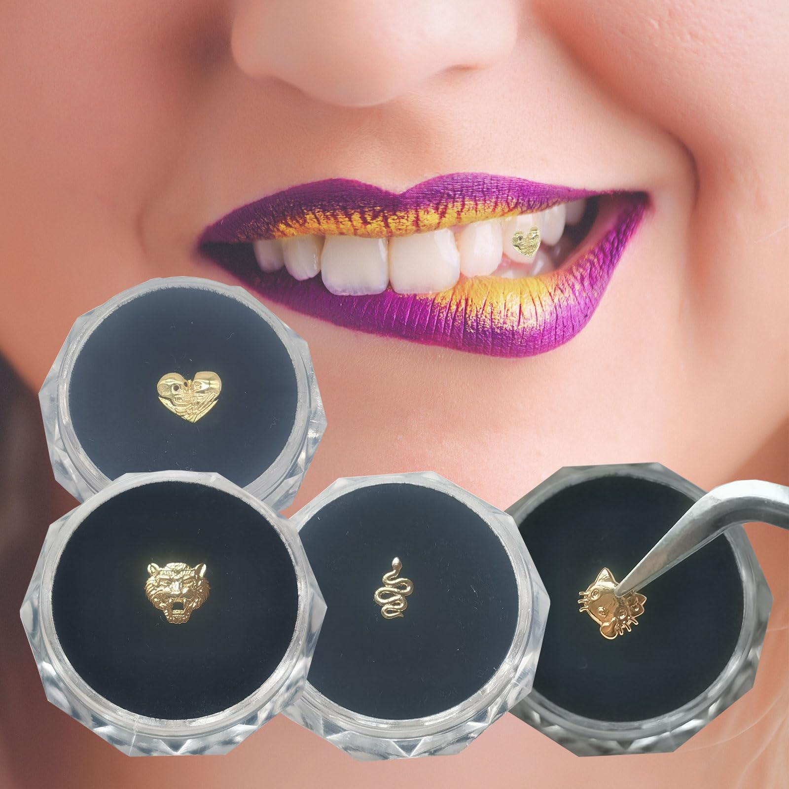 Gemas para dientes Chamon, oro de 8 quilates, de 4 a 7 mm, con forma de serpiente, tigre y gatito, para decorar fiestas. Joyas para dientes.