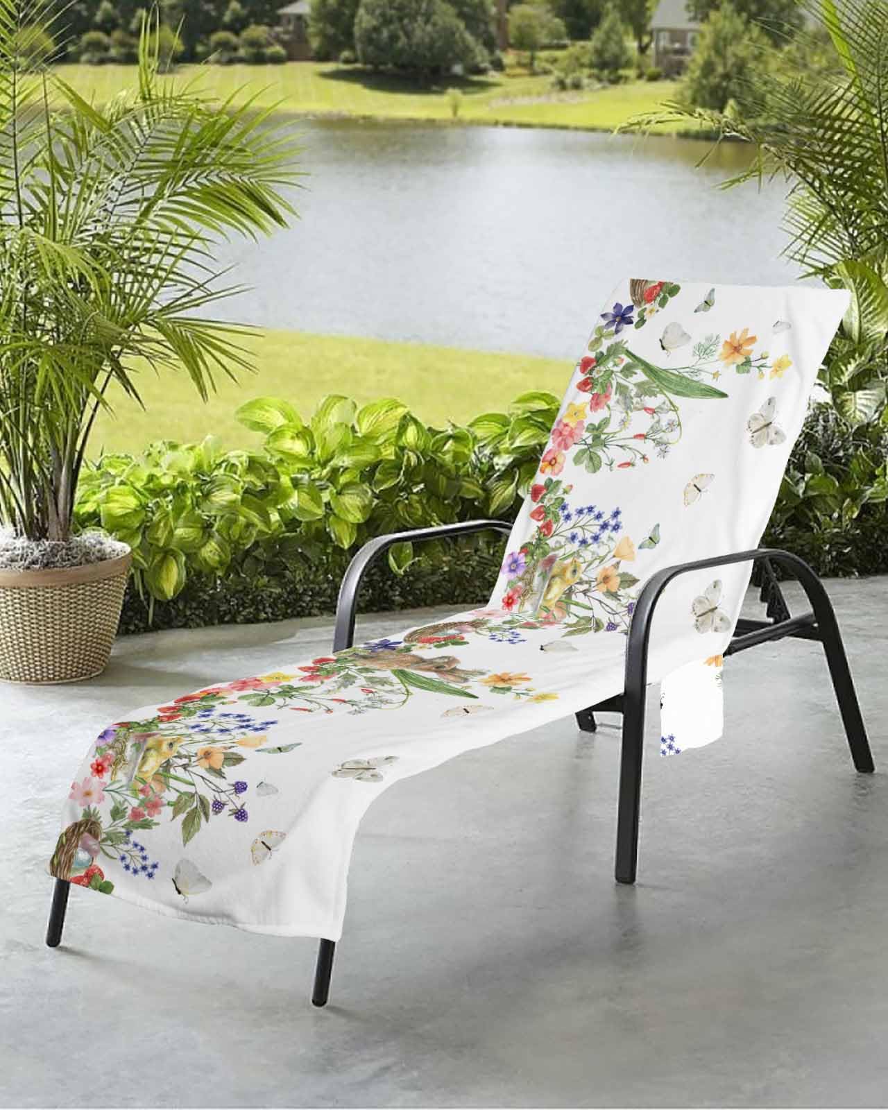 Easter Beach Chair Towel Covers for Chaise Lounge with Side Pocket, Soft Plush Pool Towels Cover for Patio Sunbathing Outdoor 29''x85'' Eggs Rabbits Chick Watercolor Flower Strawberry