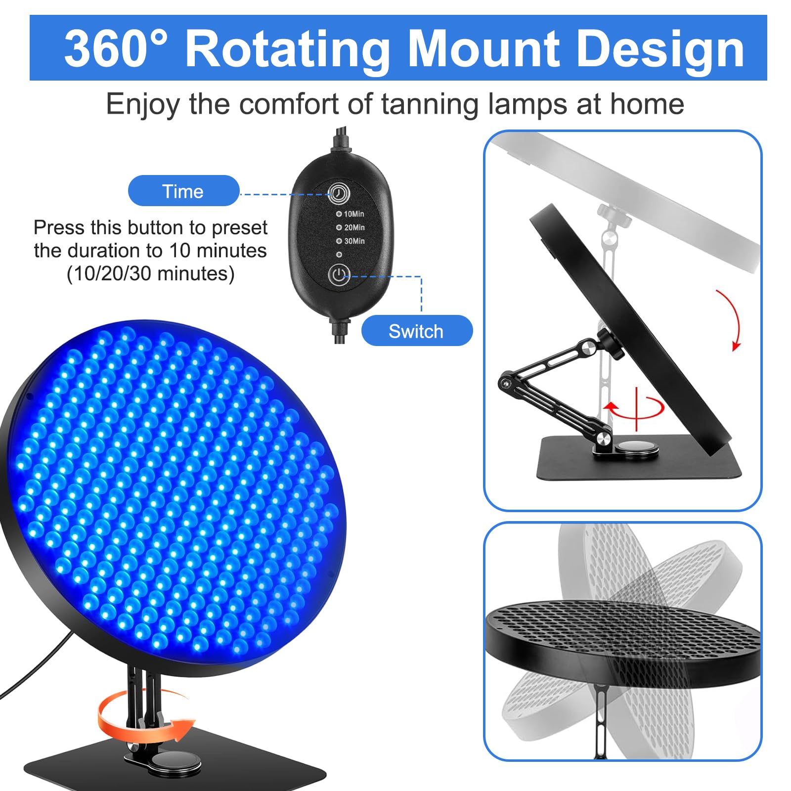 Solarium pour la maison, 460 NM, lampe de bronzage avec 250 LED, lampe de bronzage de 50 W avec lunettes solarium, support en métal réglable à 360 ° et minuterie, lampe de bronzage pour le corps et le