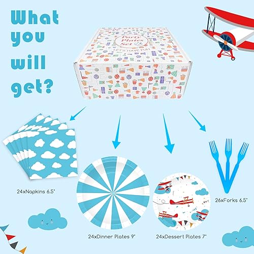 Miniatura 6 de Suministros de fiesta de avión, juego de vajilla para cena, servilletas de almuerzo, tenedores desechables para niños, cielo azul, nubes blancas,