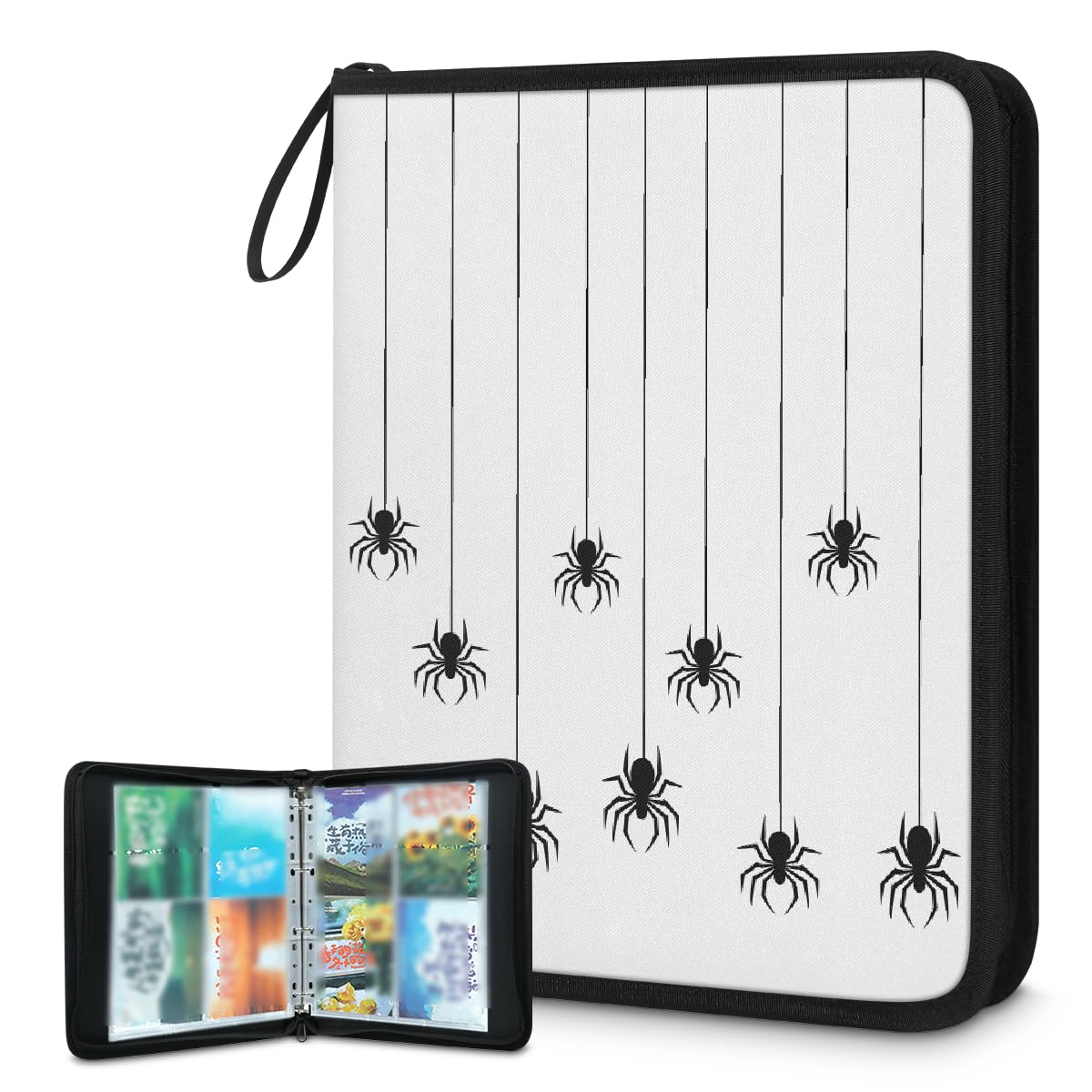 Carpeta de tarjetas coleccionables de 4 bolsillos con patrón de araña de Halloween con fundas extraíbles, libro de tarjetas impermeable con cremallera, capacidad para 50 páginas y 400 tarjetas