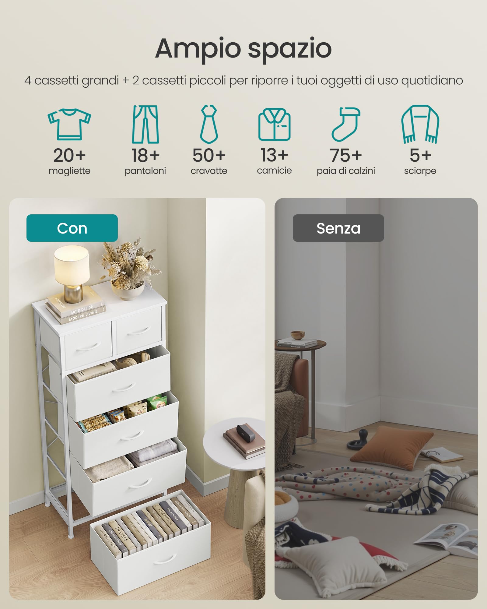 SONGMICS Cassettiera, Mobiletto con 6 Cassetti in Tessuto, Organizer per Armadio, Struttura in Acciaio, 50,6 x 30 x 117,7 cm, per Camera da Letto, Bianco Neve, Collezione BELLAH LGS541W101