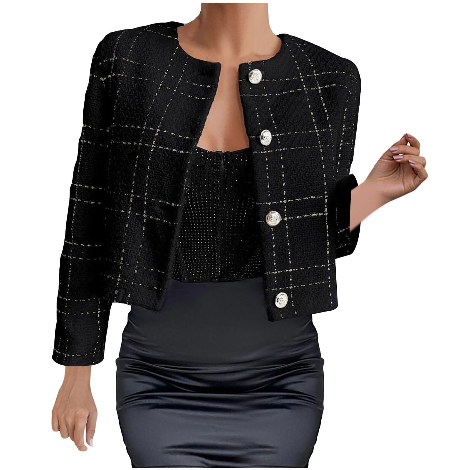 HGps8w Womens Cropped Tweed Jackets Dressy Long Sleeve Business Button Down Casual Open Front Short Blazer
