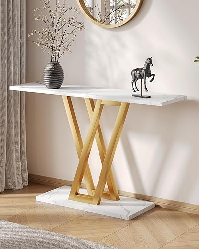 Miniatura 2 de LITTLE TREE Mesa consola de pasillo para entrada, mesa de sofá de 43 pulgadas, mesas de entrada para sala de estar, blanco y dorado Blanco &