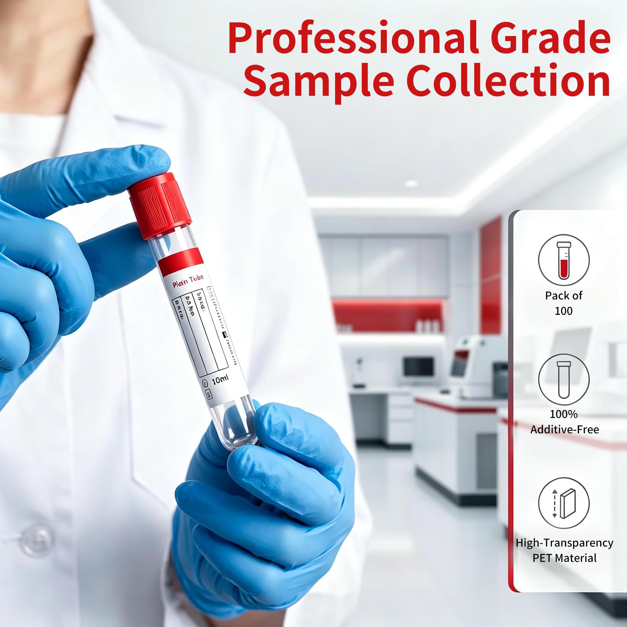 Tubos de muestra sellados al aspiradora, tubos de laboratorio de recogida al aspiradora de 10 ml, adecuados para laboratorio, mascotas y uso veterinario (paquete de 100)