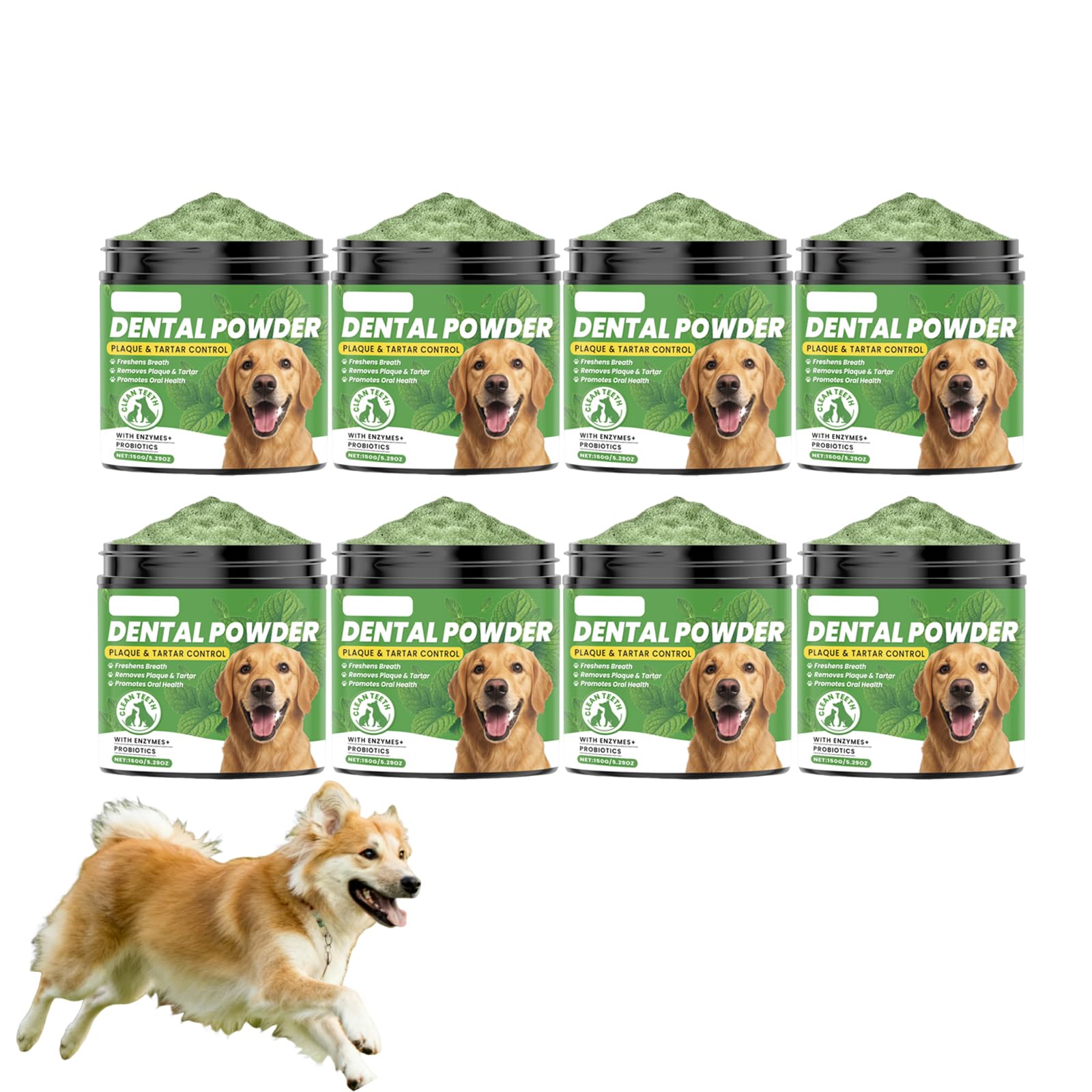 Polvo dental para perros para la limpieza dental, polvo para el cuidado dental de perros, polvo para limpieza dental sin cepillo, control de placa y sarro con probióticos, sabor a menta. (8 Cajas)