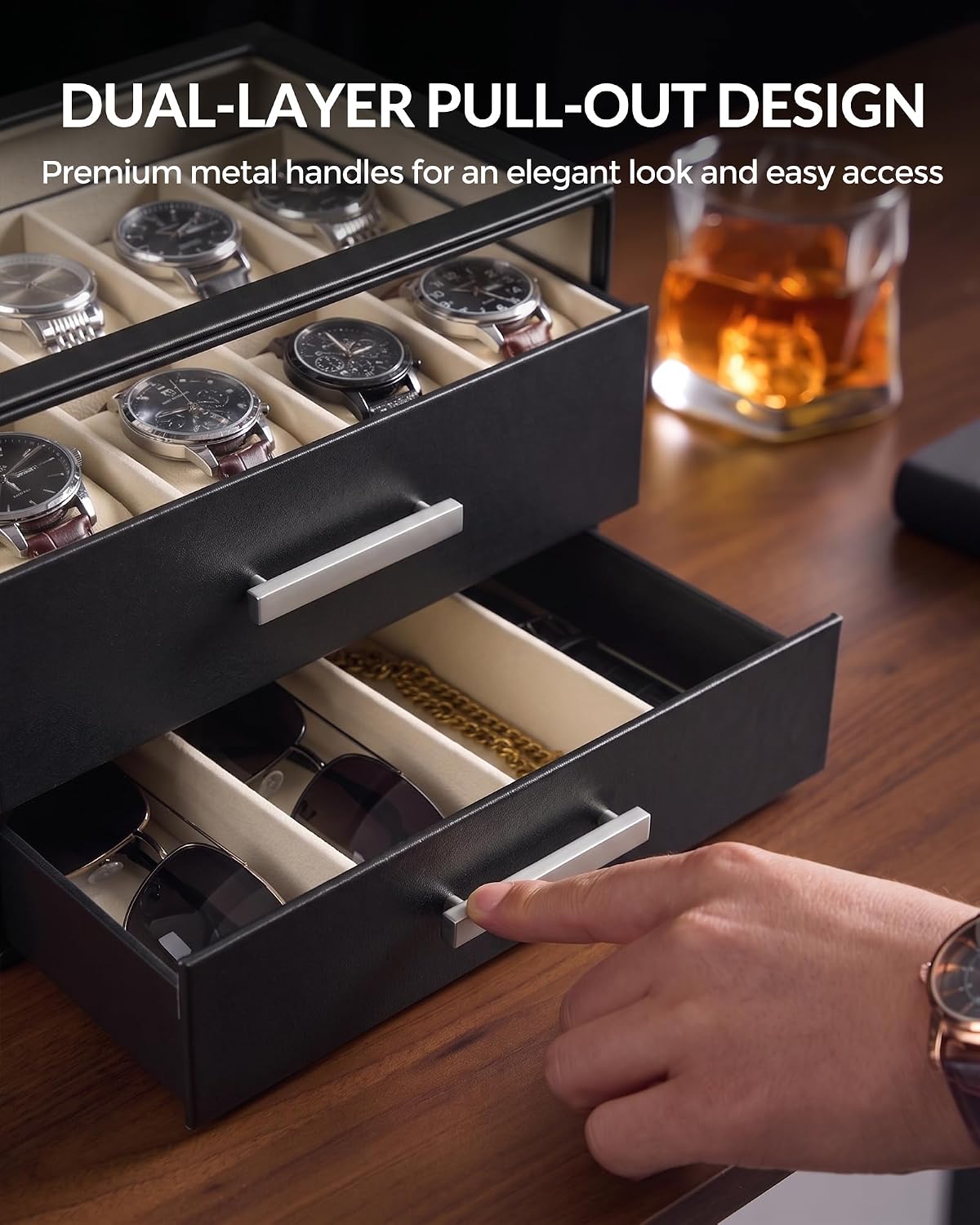 ProCase 8-Slot Watch Case for Men, 2-Tier Pull-Out Drawers Sunglasses Box