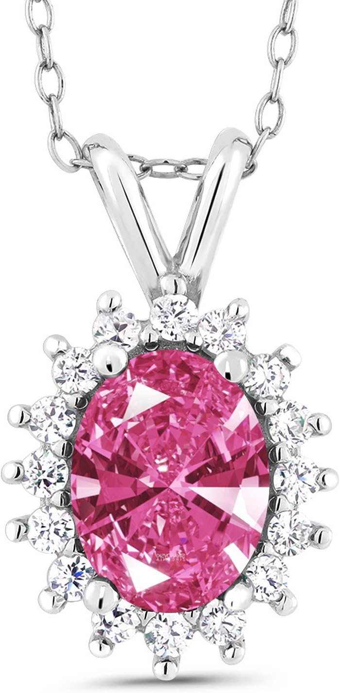 Gem Stone King Oval Halo Pendant Necklace for Women | 925 Sterling Silver | Gemstone Birthstone Pendant Necklace | Oval 8X6MM | With 18 Inch Chain | Fine Jewelry Gifts for Her Mom Women Wife