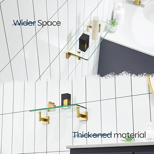 Miniatura 5 de KOKOSIRI Estantes de pared flotantes de acero inoxidable dorado de 12 pulgadas, accesorios de baño de vidrio templado, estante colgante