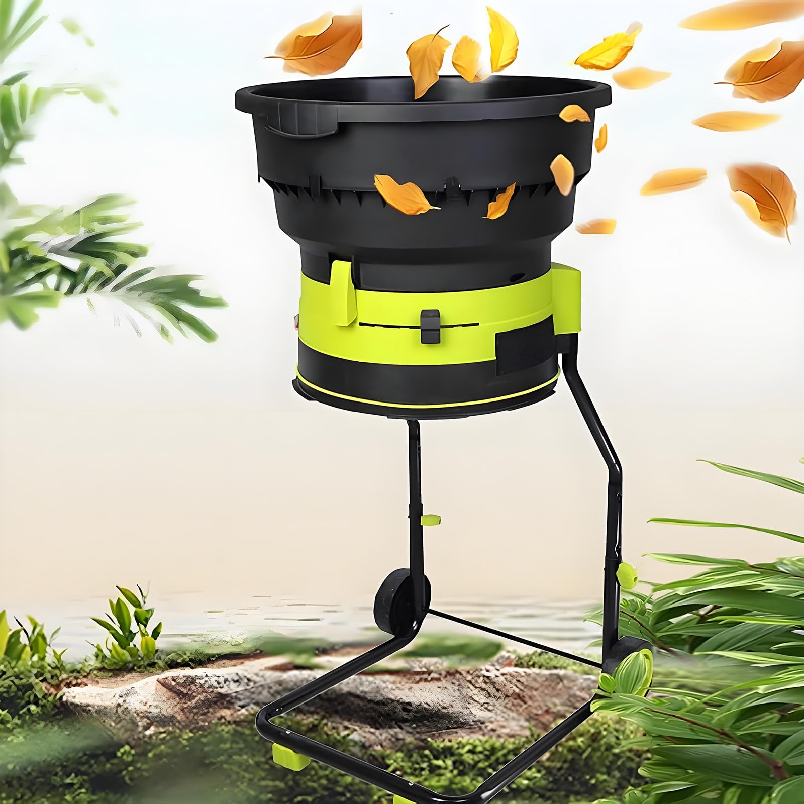 Trituradora eléctrica de jardín con ruedas y embudo grande para limpieza de patio y compostaje