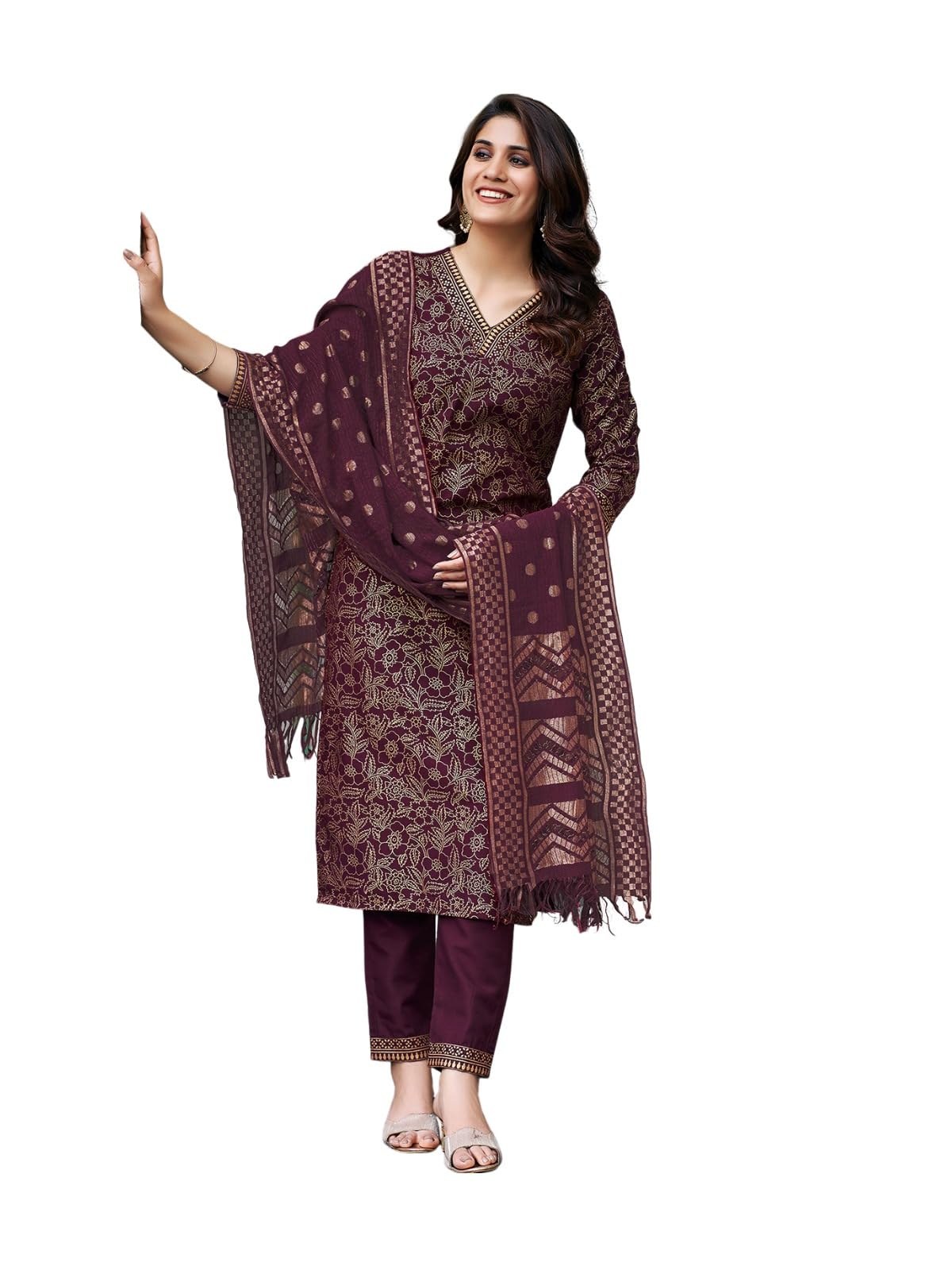 Sanisa Women's Art Silk Foil Printed Straight Kurta With Pant And Woven Dupatta (137Kbd1480Nz-Xxl_Wine)