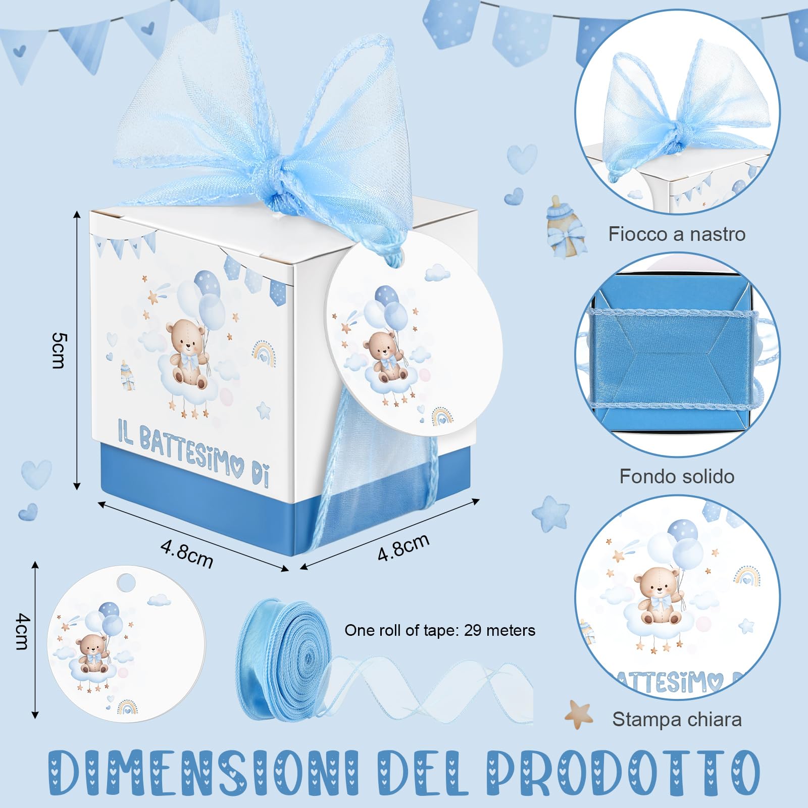Jadive Boîtes à Dragées Baptême Personnalisables Étiquettes Ruban Cadeau Ours Arc-En-Ciel Bleu clair