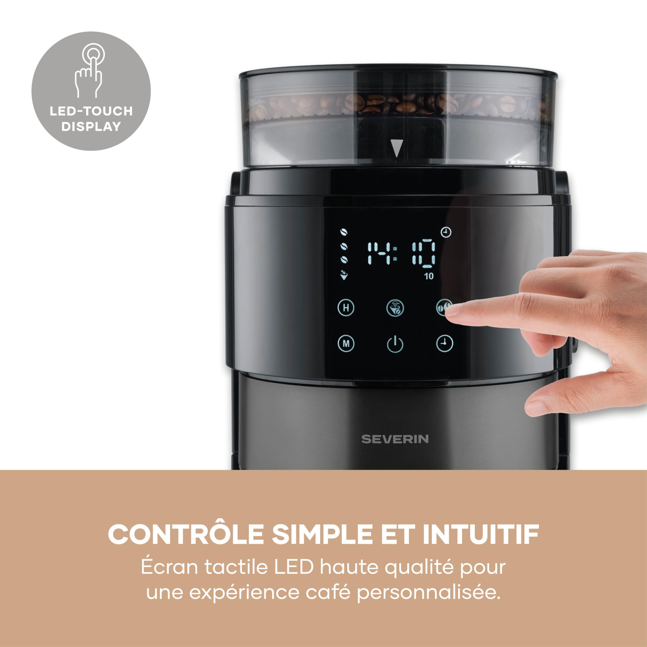 SEVERIN Machine à café filtre avec broyeur intégré et verseuse isotherme - S-Taste AromaOne- 1,25L jusqu'à 10 tasses - Affichage LED tactile - Stop goutte & arrêt automatique - Inox foncé, KA 4831